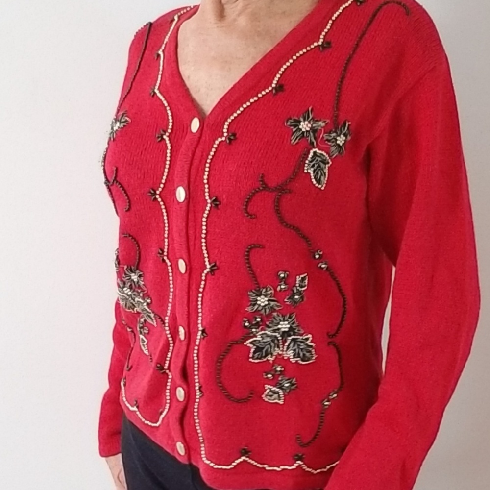 VTG Dress Barn Womens Holiday Red Embellished Cardigan Sweater, Size M